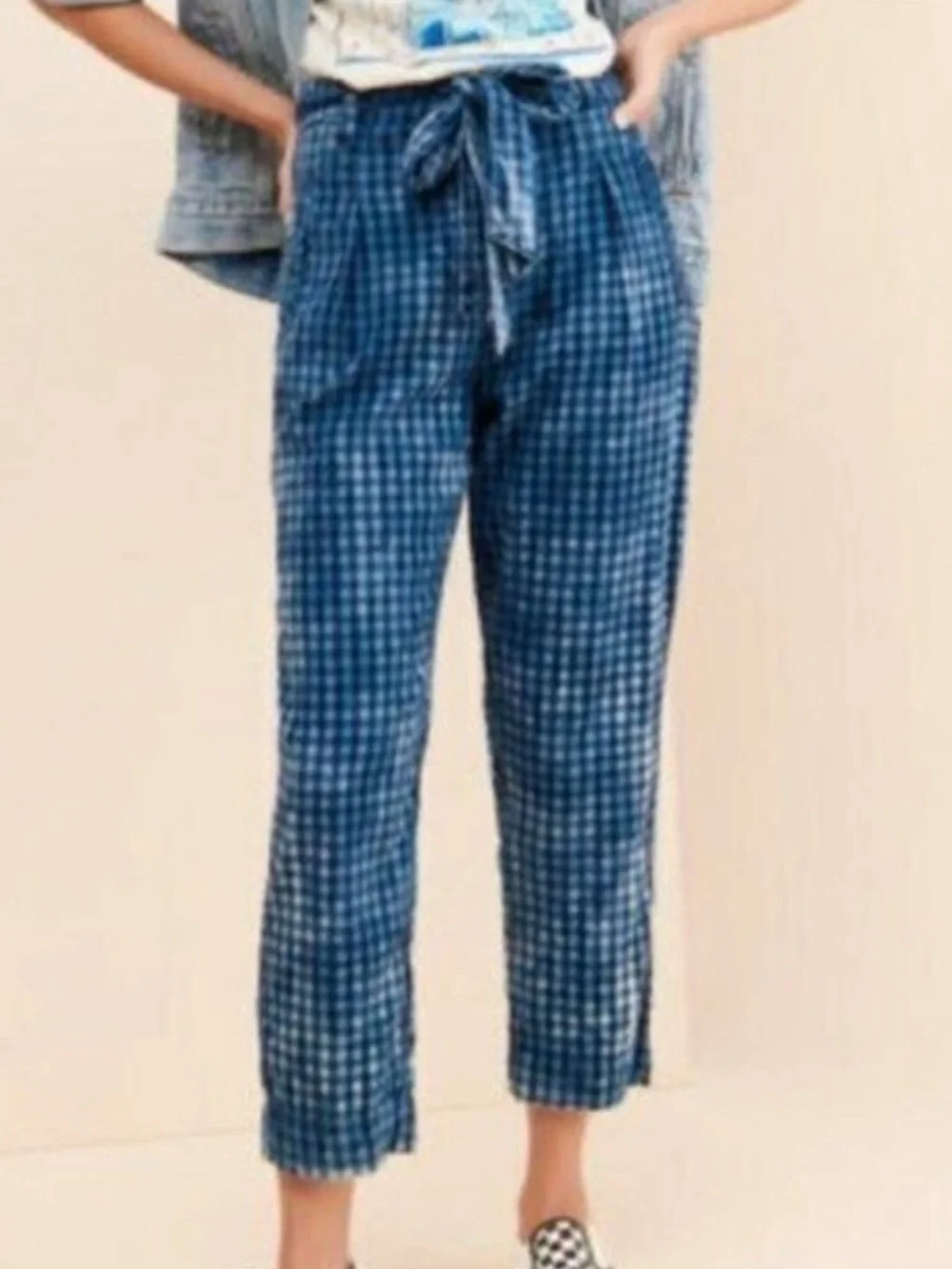 Anthropologie Maeve Avryl Bleached Gingham Pants Blue Size‎ 6 High Rise Tapered